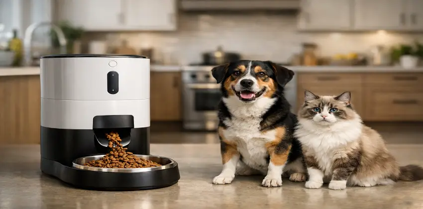 Comedores automáticos inteligentes para perros y gatos en una cocina moderna