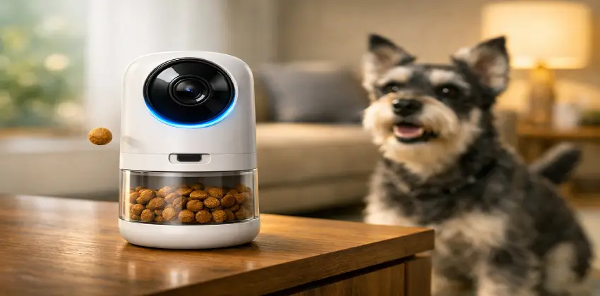 Cámara para mascotas TKENPRO 2K con dispensador de golosinas y treats interactivos