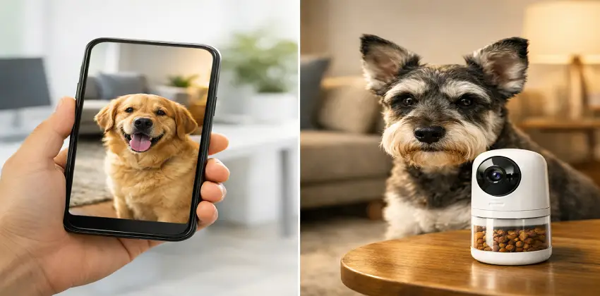 Cámara WiFi 360 grados sobre un mueble para monitorear mascotas a distancia