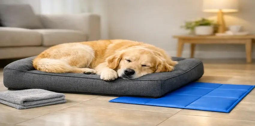 Perro durmiendo sobre una cama ortopédica de memory foam y una alfombra refrigerante