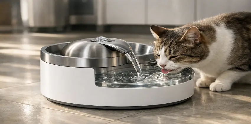 Gato bebiendo de una fuente de agua de acero inoxidable inteligente