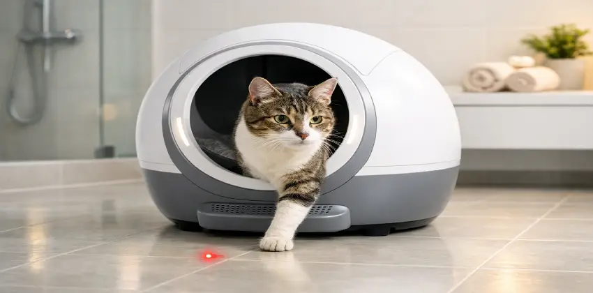 Gato saliendo de un arenero automático inteligente Gadnic y robots de limpieza doméstica