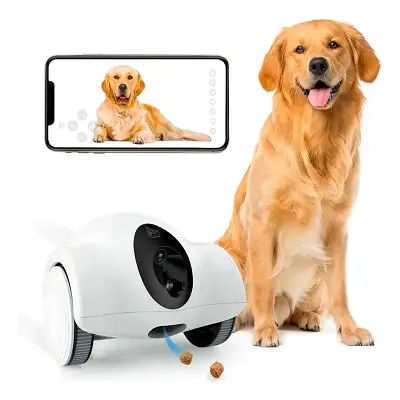 Detalle del chasis móvil y lente de la cámara del robot Beepaw