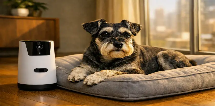Ansiedad por separación en perros: Schnauzer tranquilo descansando junto a una cámara dispensadora de premios.