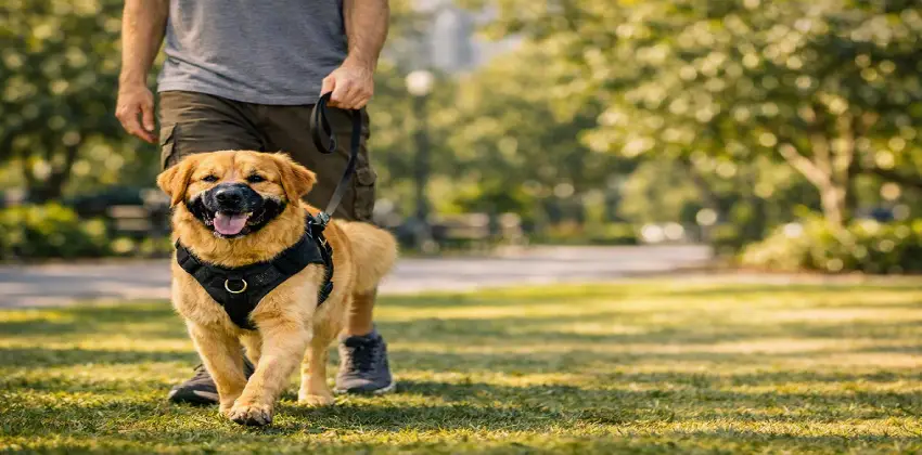 Perro paseando tranquilamente con un arnés antitirones de enganche frontal en un parque