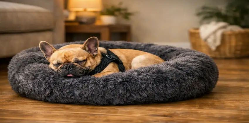 Perro descansando plácidamente en una cama antiestrés redonda tipo dona de piel sintética