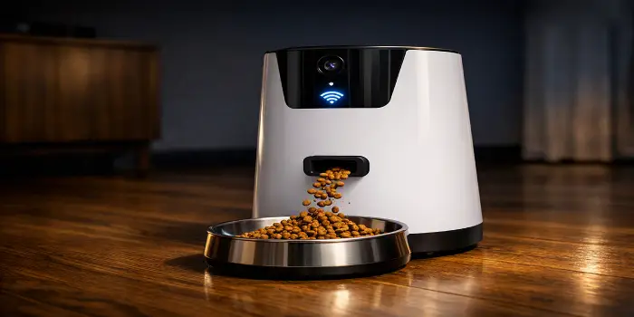 Comedero automático programable dispensando alimento sin intervención del usuario para evitar que tu gato te despierte.