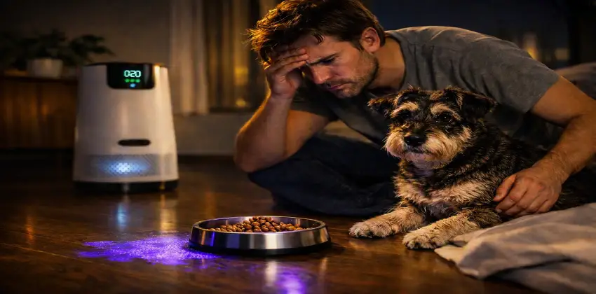 Cómo sacar el olor a pis de perro del piso usando tecnología UV y purificadores de ozono.