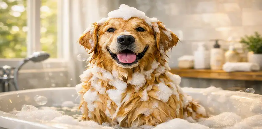 Perro recibiendo un baño terapéutico con shampoo de clorhexidina para tratar la dermatitis